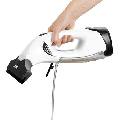 Taghareed Kärcher Window Vac WV 2 Plus cordless window cleaner, white and black, with squeegee head and water collection tank.