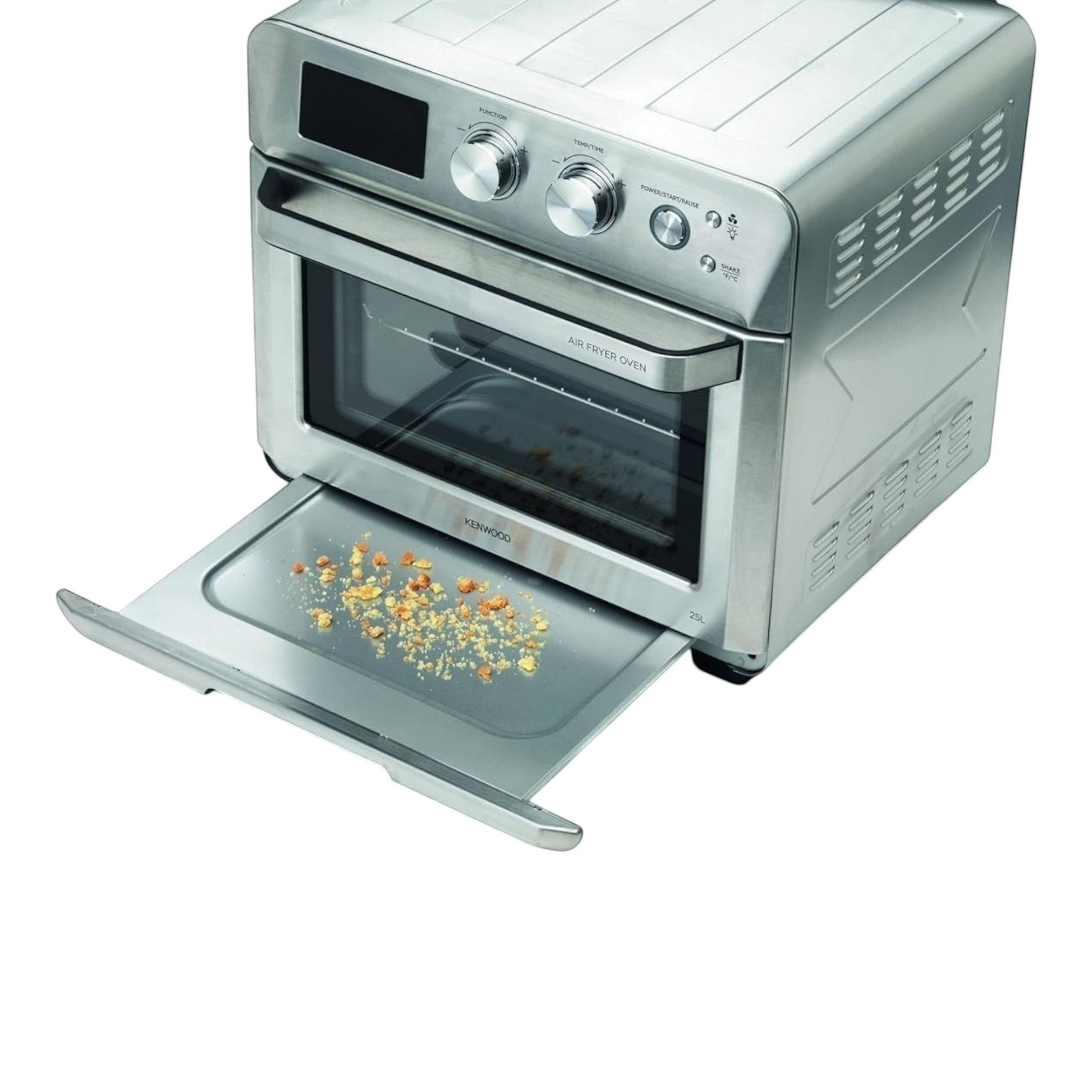 Taghareed Kenwood 25L 1700W digital 2-in-1 air fryer oven with rotisserie and 15 cooking programs. Stainless steel finish.