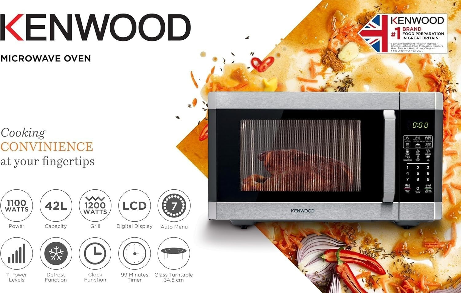 Taghareed Kenwood MWM42.000BK 42L digital microwave with grill, 1100W power, LCD display, and auto menus.
