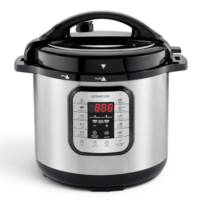 Taghareed Kenwood 16-in-1 electric pressure cooker, 8L multicooker PCM80, silver and black with digital display and 16 cooking programs.