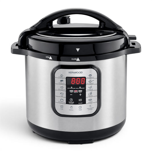 Taghareed Kenwood 16-in-1 electric pressure cooker, 8L multicooker PCM80, silver and black with digital display and 16 cooking programs.