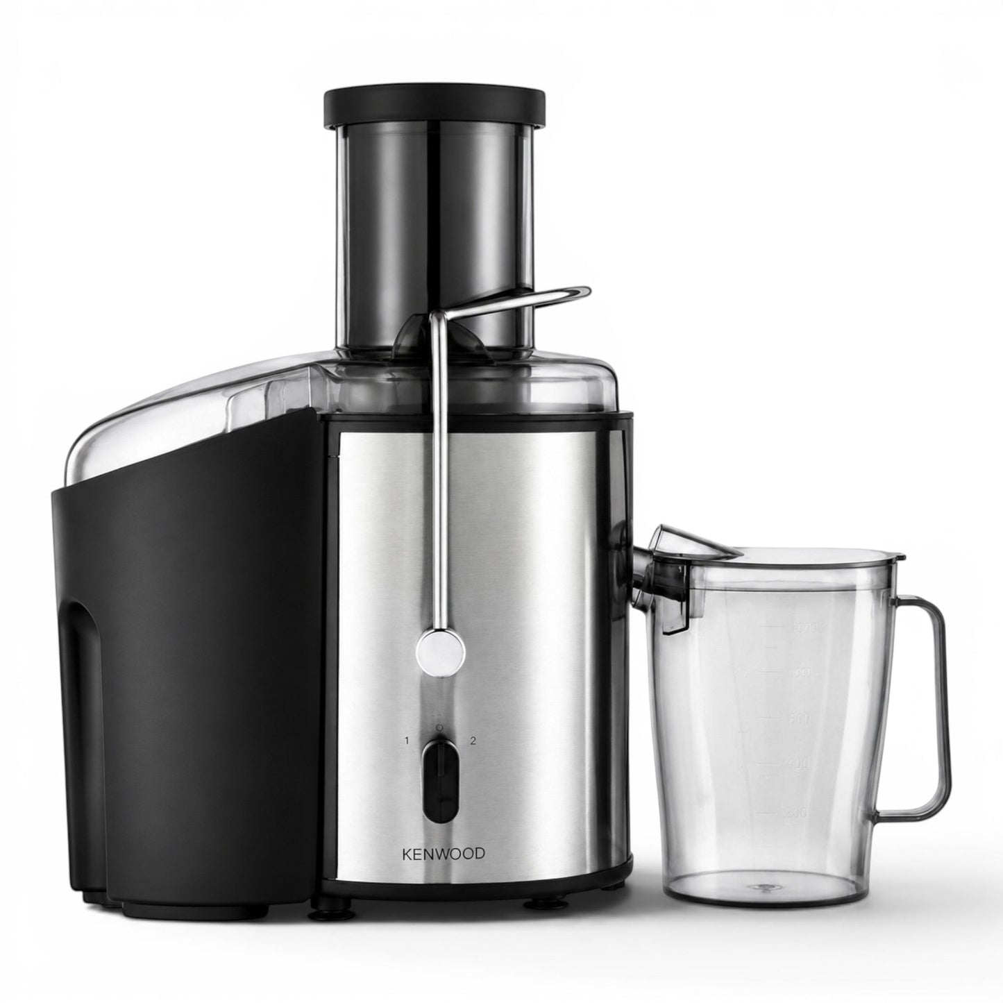 Taghareed Kenwood centrifugal juicer in stainless steel and black, 800W, with a wide chute and juice jug.