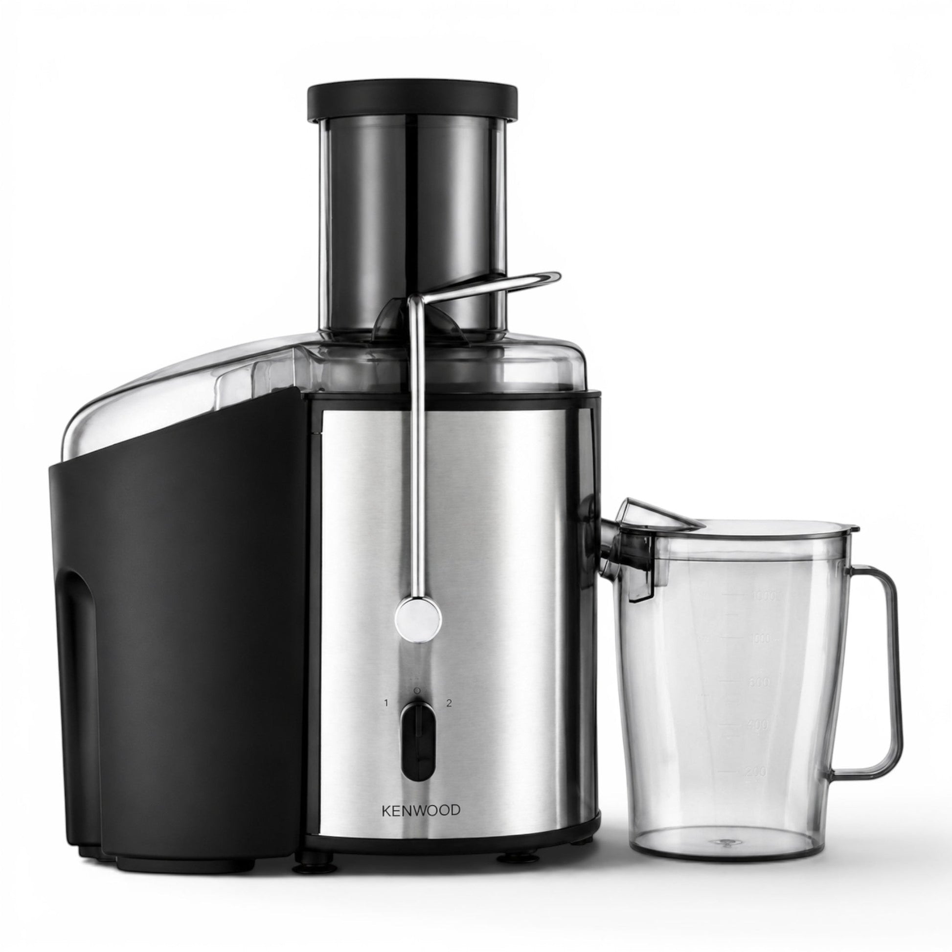 Taghareed Kenwood centrifugal juicer in stainless steel and black, 800W, with a wide chute and juice jug.