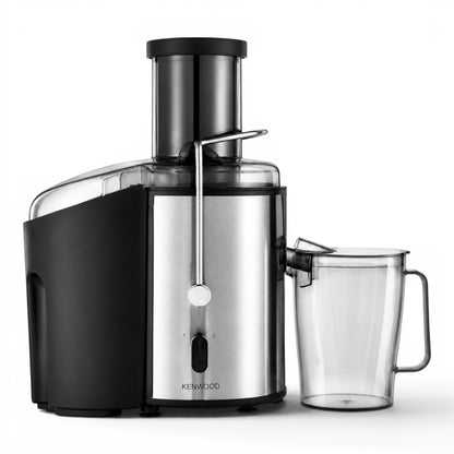Taghareed Kenwood centrifugal juicer in stainless steel and black, 800W, with a wide chute and juice jug.