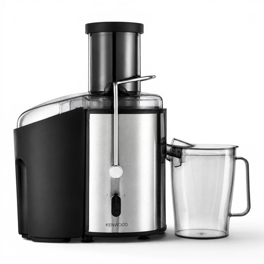 Taghareed Kenwood centrifugal juicer in stainless steel and black, 800W, with a wide chute and juice jug.