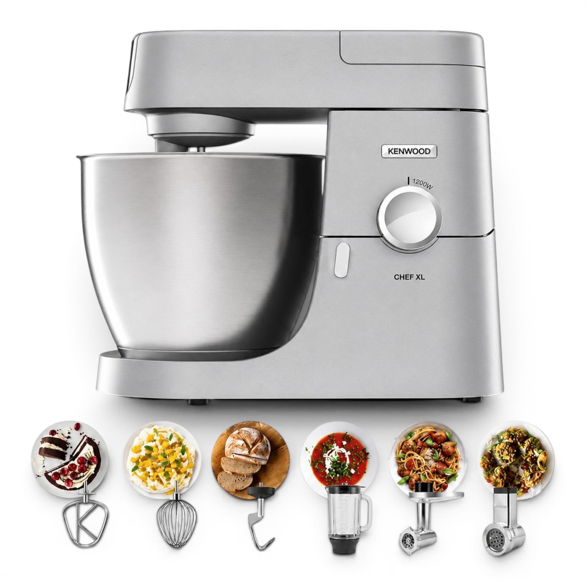 Taghareed silver Kenwood Chef XL stand mixer with 1200W motor, 6.7L stainless steel bowl, and multiple attachments for baking and grinding.