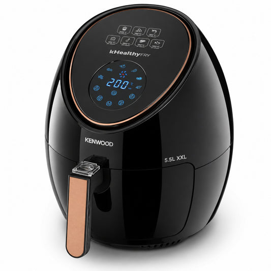 Taghareed Kenwood black digital air fryer with 5.5L capacity and rose gold handle. Features a touch screen display.