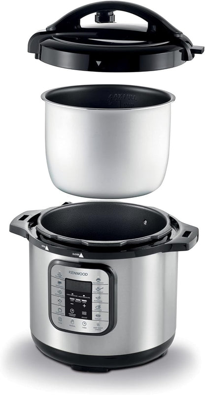 Taghareed Kenwood 16-in-1 8L electric pressure cooker multicooker in silver and black with digital display and 16 cooking programs.