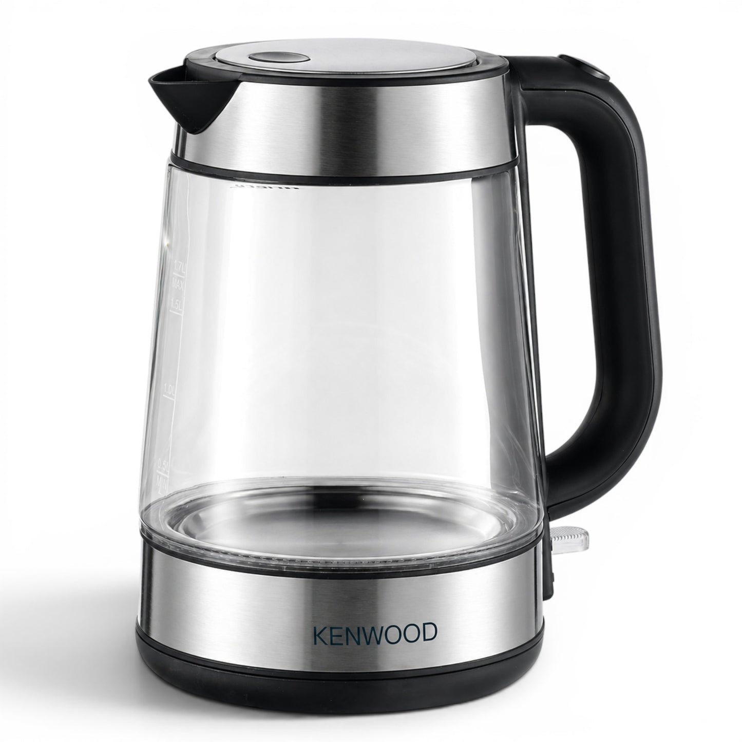 Taghareed Kenwood 1.7L glass cordless kettle with stainless steel accents and black handle. Features internal blue illumination.