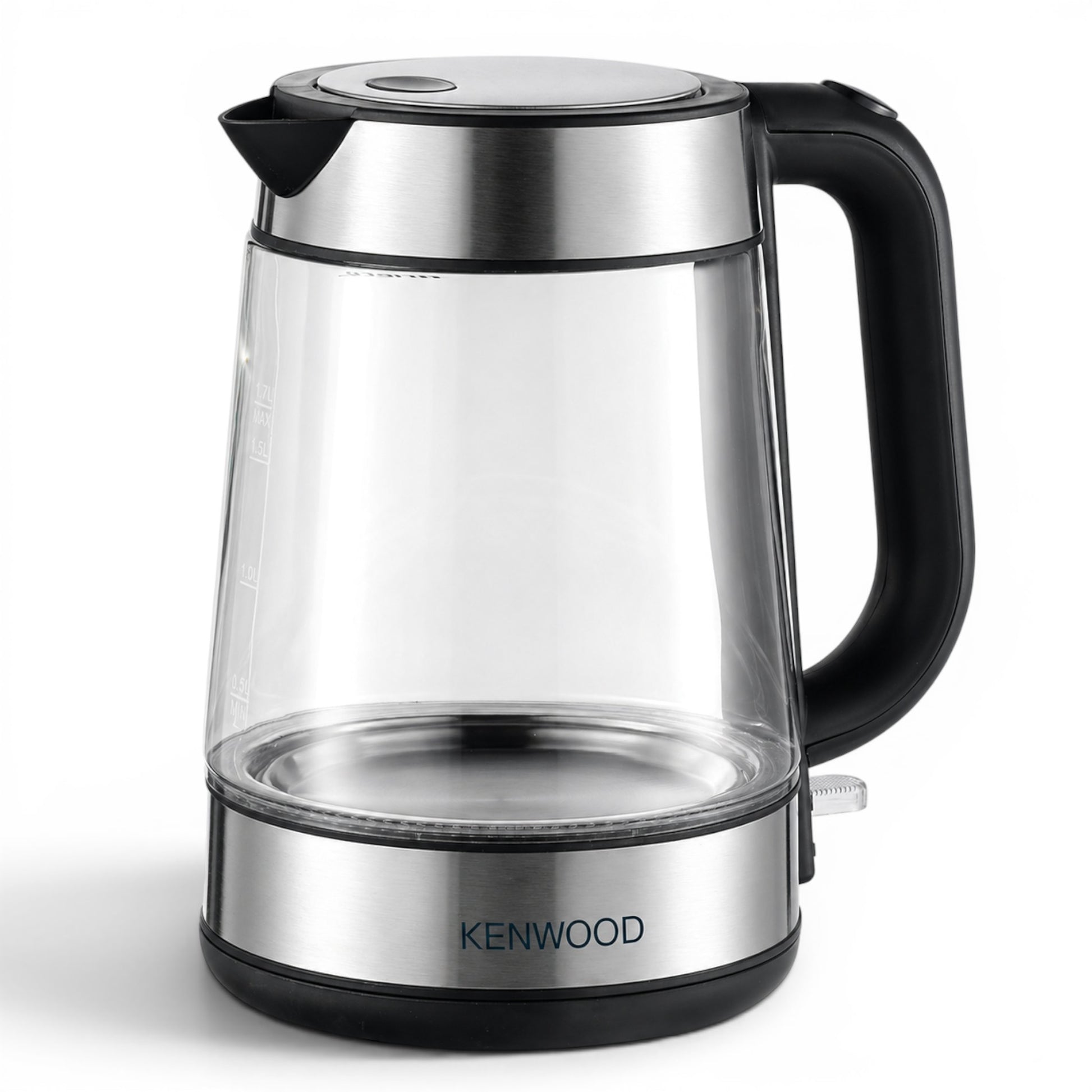 Taghareed Kenwood 1.7L glass cordless kettle with stainless steel accents and black handle. Features internal blue illumination.
