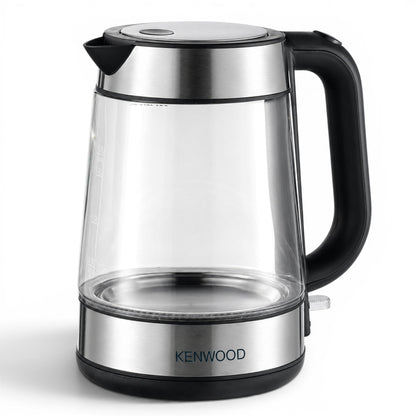 Taghareed Kenwood 1.7L glass cordless kettle with stainless steel accents and black handle. Features internal blue illumination.