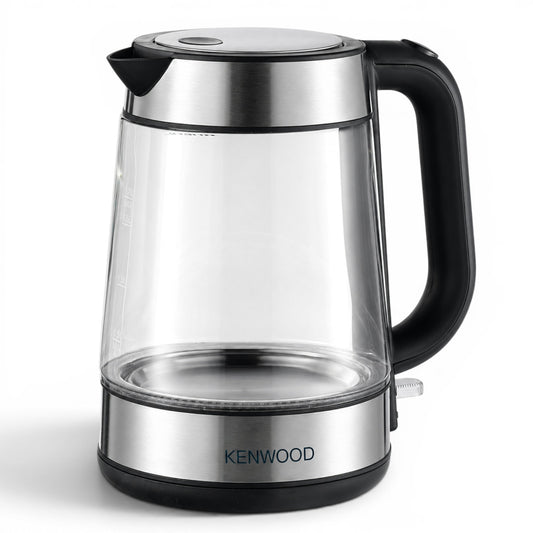 Taghareed Kenwood 1.7L glass cordless kettle with stainless steel accents and black handle. Features internal blue illumination.