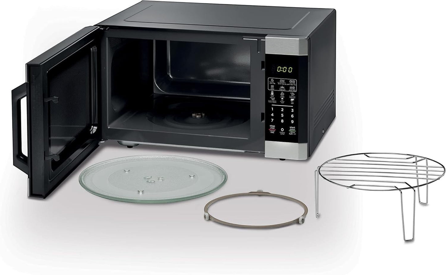 Taghareed Kenwood MWM42.000BK black 42L digital microwave with grill, 1100W, and digital display. Includes glass turntable and grill rack.