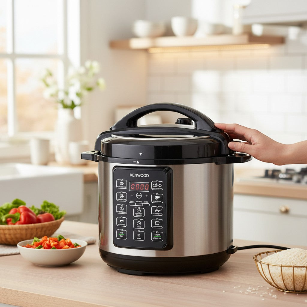 Taghareed Kenwood PCM60 6L 1000W electric pressure cooker with 14 smart cooking programs and LED display.