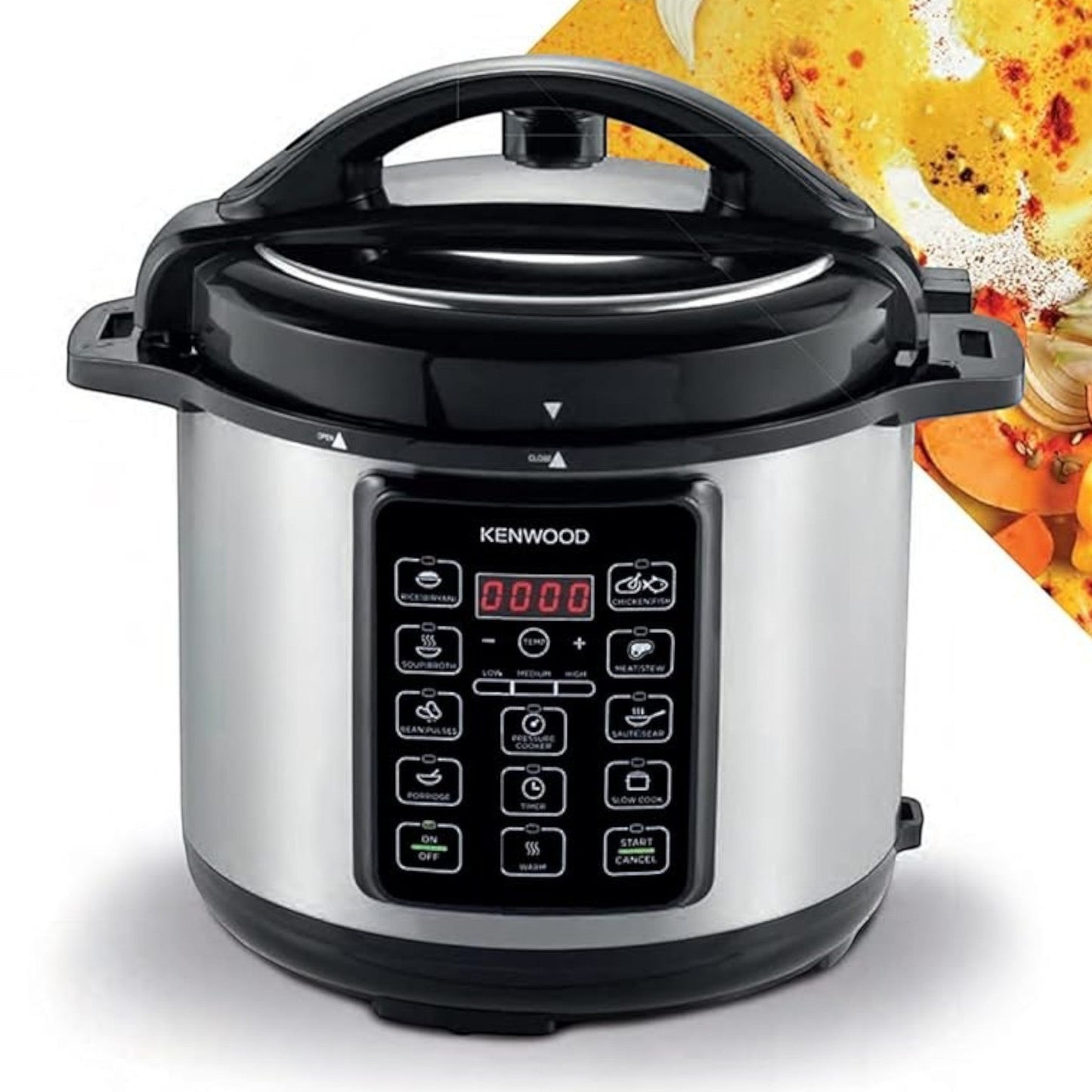 Taghareed Kenwood PCM60 6L 1000W silver and black multifunction electric pressure cooker with LED display and 14 smart programs.