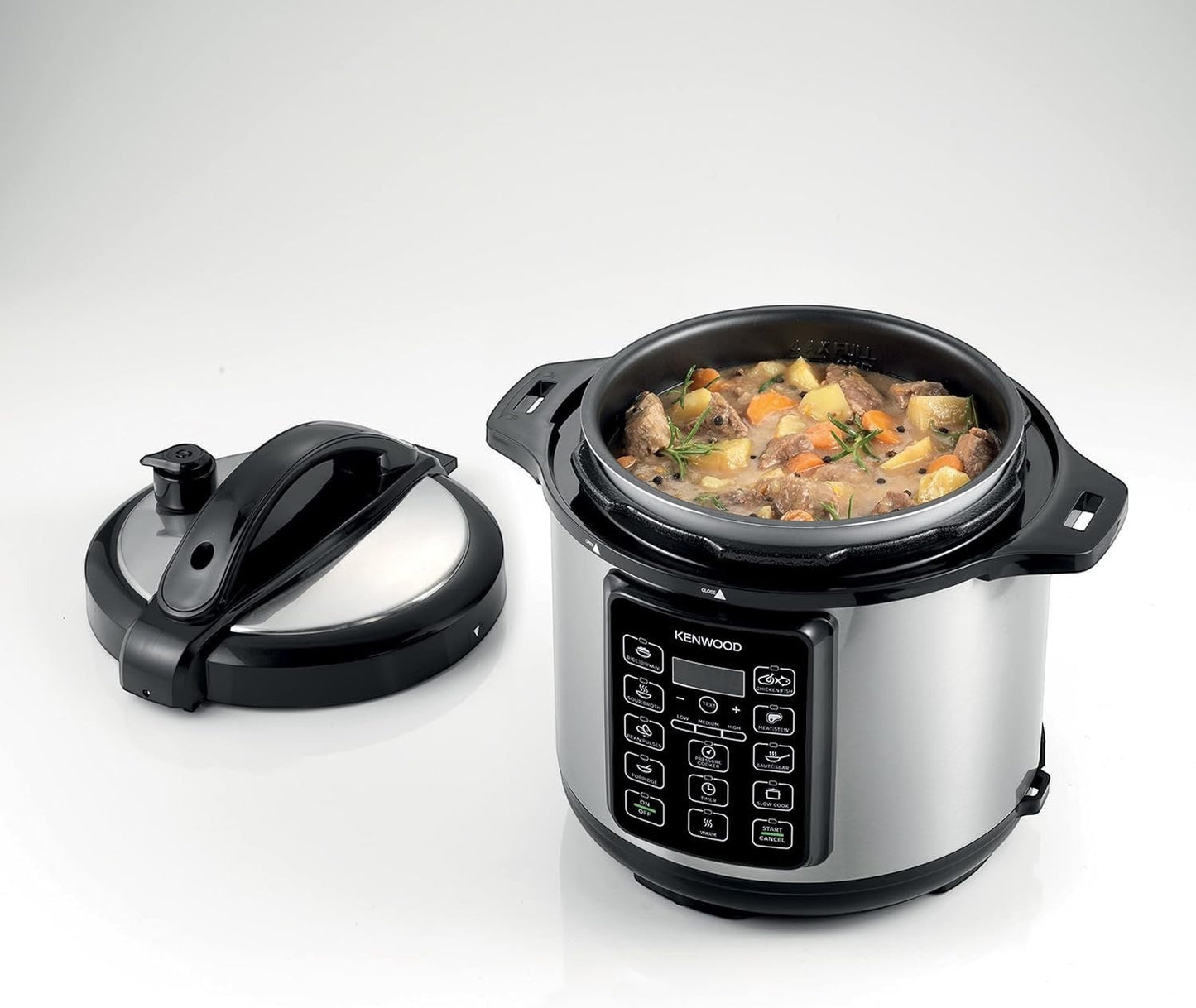Taghareed Kenwood PCM60 6L electric pressure cooker with 14 smart cooking programs and LED display, silver and black.