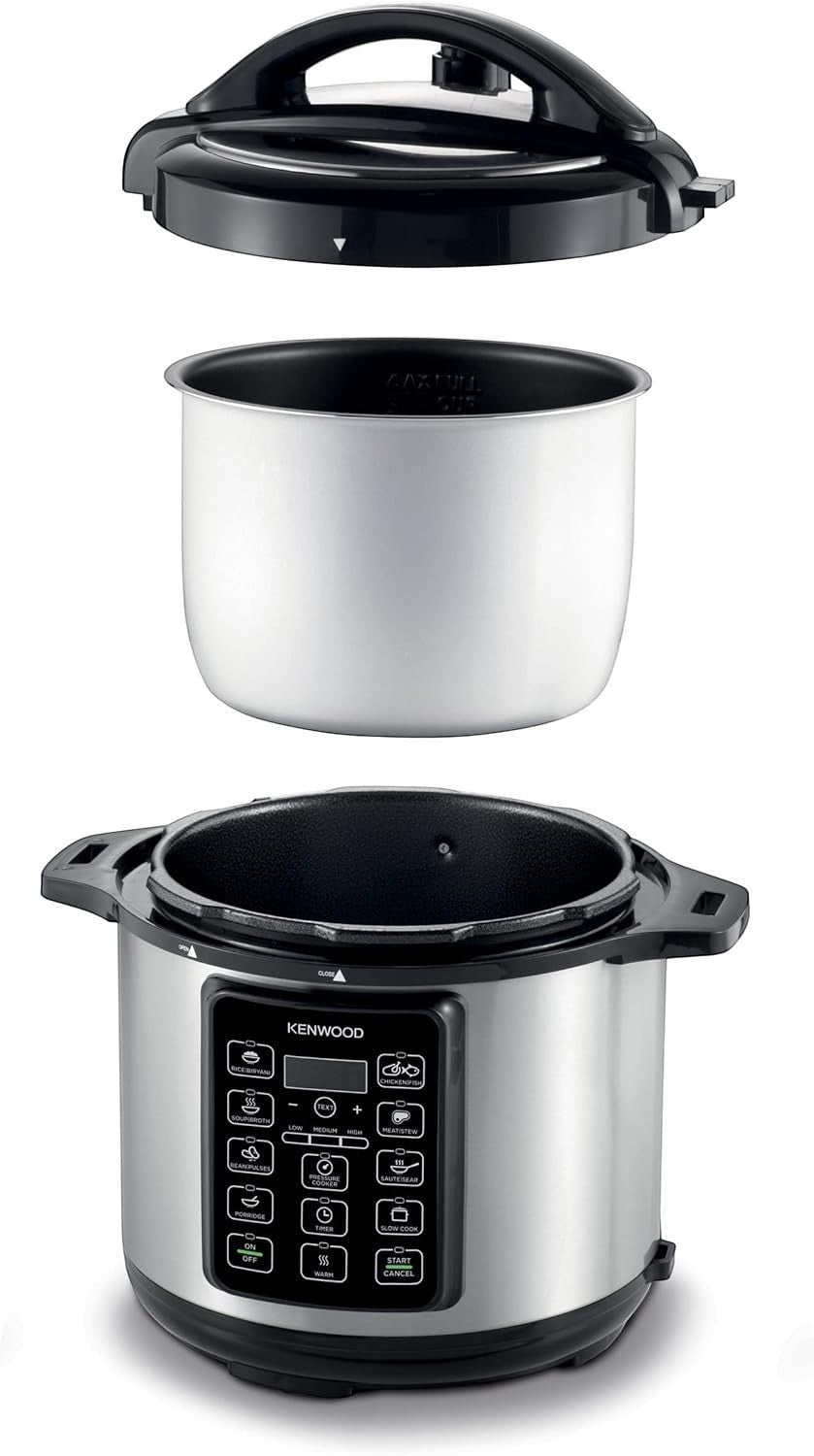 Taghareed Kenwood PCM60 6L electric pressure cooker with 14 smart programs, stainless steel body, and LED display.