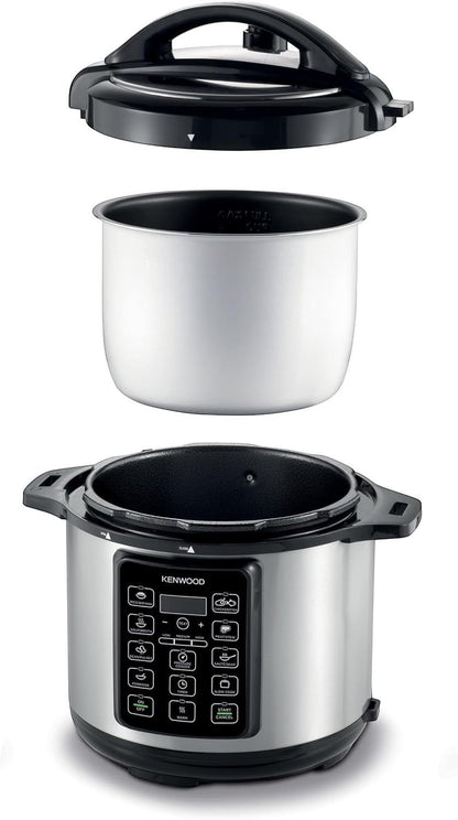 Taghareed Kenwood PCM60 6L electric pressure cooker with 14 smart programs, stainless steel body, and LED display.
