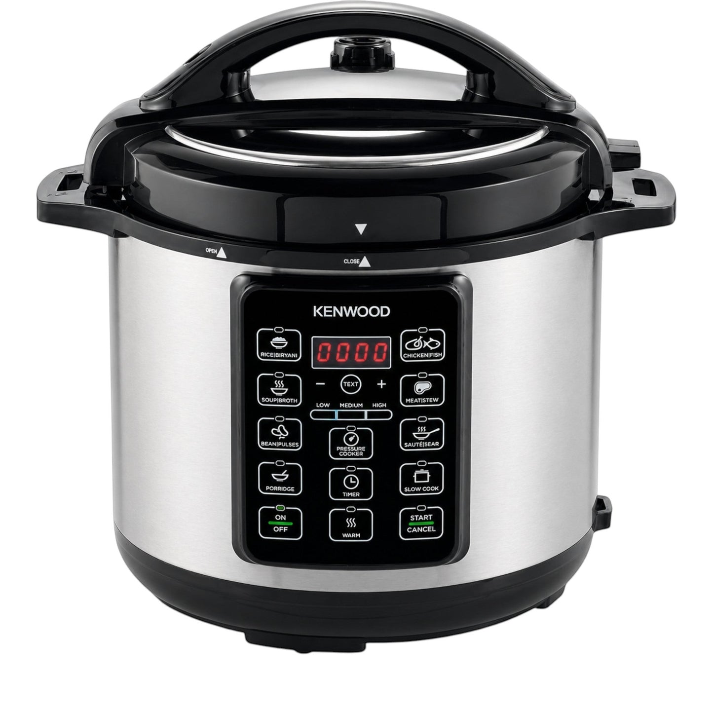 Taghareed Kenwood PCM60 6L 1000W electric pressure cooker with 14 smart cooking programs and LED display.