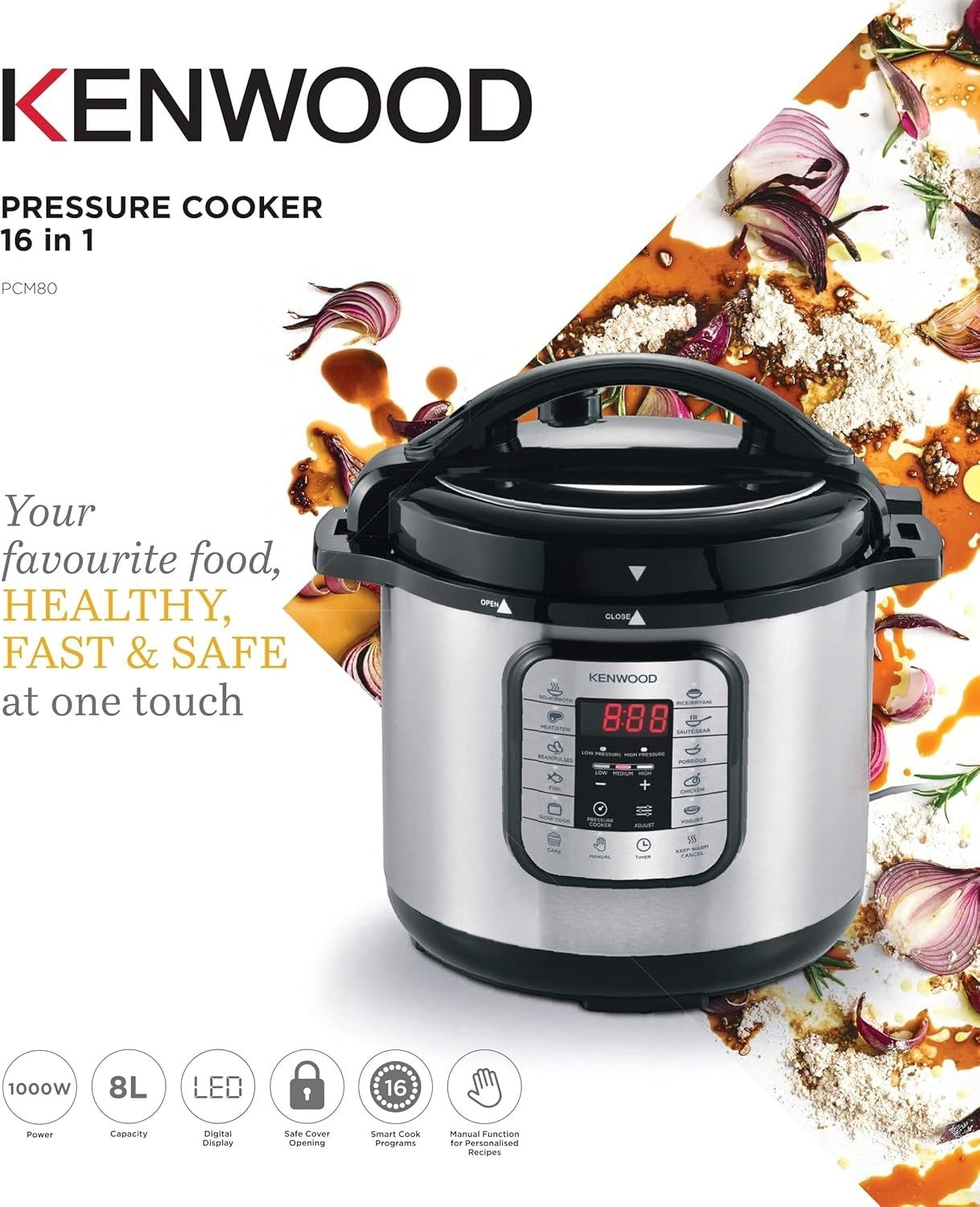 Taghareed Kenwood 16-in-1 8L electric pressure cooker in silver and black with digital display and 16 smart cook programs.