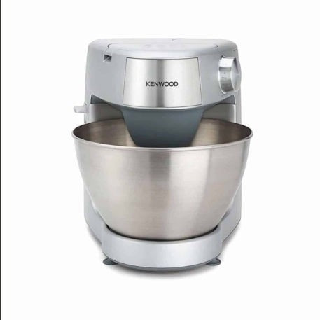 Taghareed Kenwood Prospero+ KHC29.W0SI silver stand mixer with stainless steel bowl, includes blender, food processor, juicer, grinder, and beaters.
