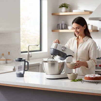 Taghareed Kenwood Prospero+ stand mixer in white and grey with a 4.3L stainless steel bowl, whisk attachment, and a woman adding ingredients.