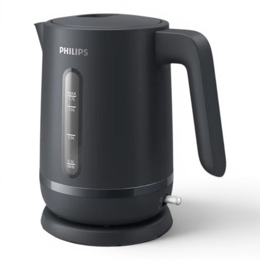 Taghareed Philips 1000 Series HD9314/90 black electric kettle with 1.7L capacity and water level indicator.