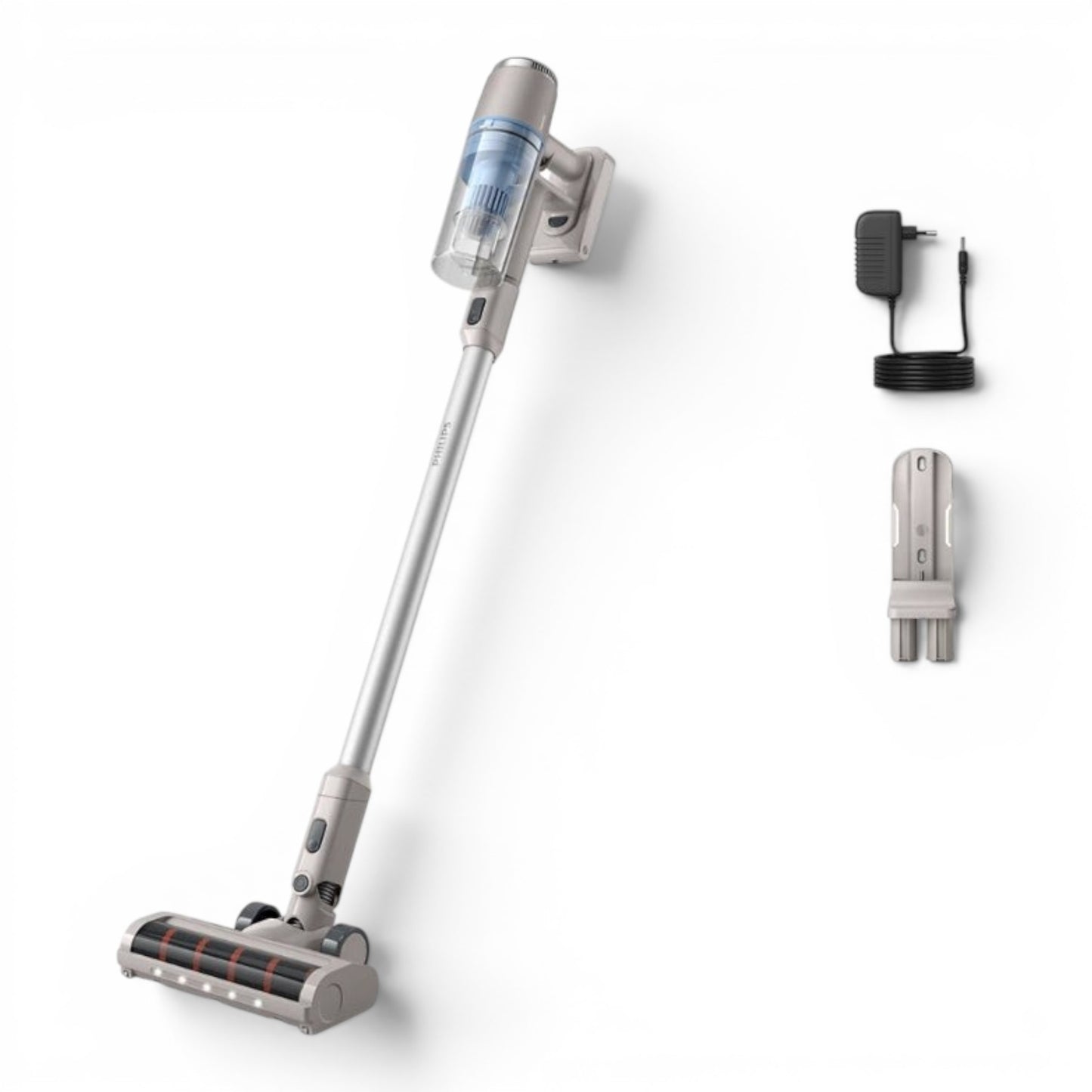 Taghareed Philips 2000 Series cordless vacuum cleaner in silver and grey with LED floor nozzle and wall mount.