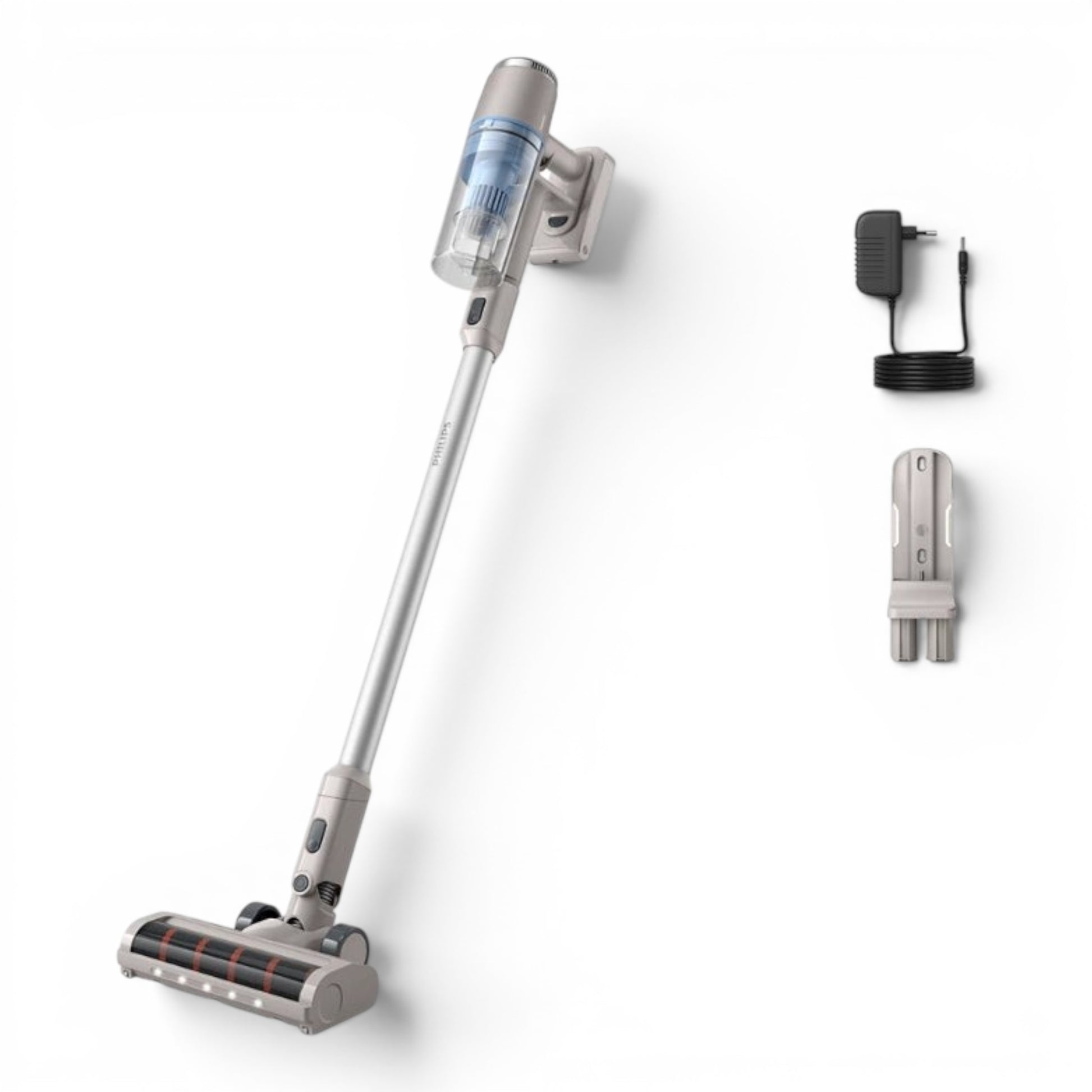 Taghareed Philips 2000 Series cordless vacuum cleaner in silver and grey with LED floor nozzle and wall mount.
