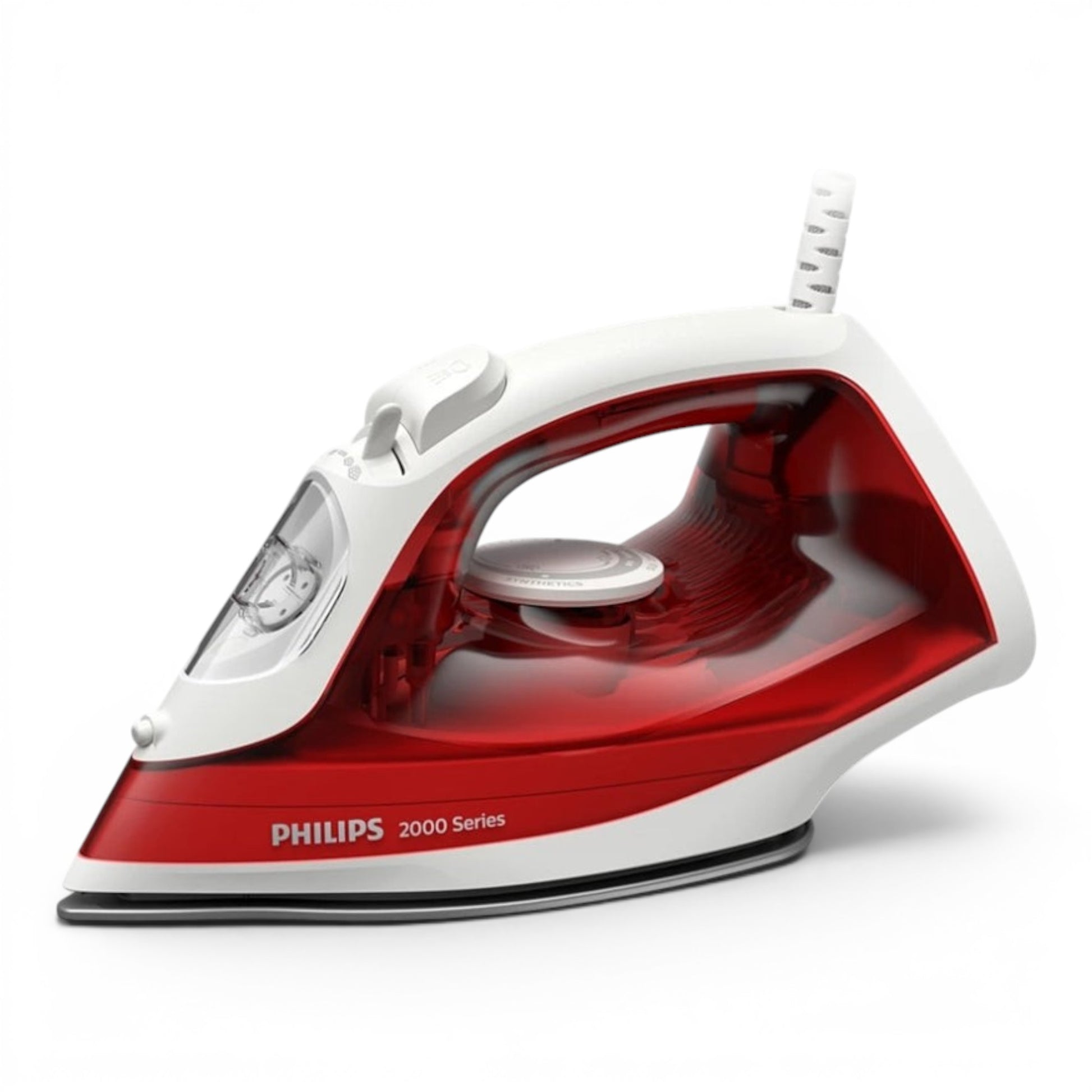 Taghareed Philips 2000 Series steam iron in red and white with a non-stick soleplate and 250ml water tank.