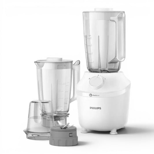 Taghareed Philips 3000 Series white blender with 1.9L jar, mill attachment, and 450W ProBlend motor for smoothies and ice crushing.