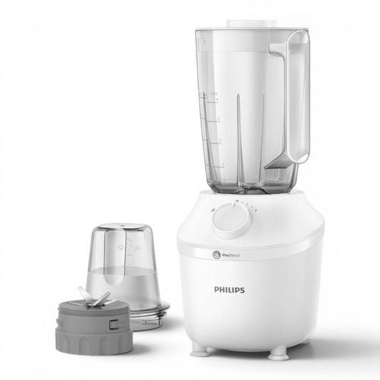 Taghareed Philips 3000 Series white blender with 1.9L jar, ProBlend technology, and stainless steel blades. Includes a mill attachment.