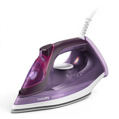 Taghareed Philips 3000 Series steam iron with purple and white casing, ceramic soleplate, and 2600W power.