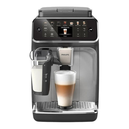 Taghareed Philips 4400 Series fully automatic espresso machine with LatteGo system, making a latte macchiato.