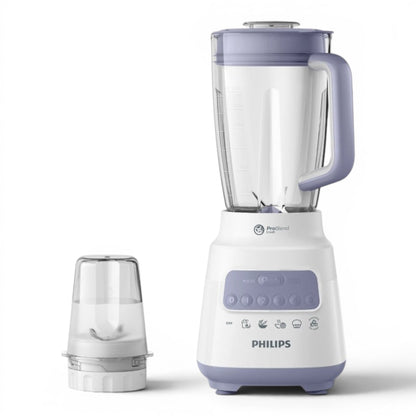 Taghareed Philips 5000 Series blender with 2L jar, 700W motor, 5 speeds, ProBlend Crush technology, and Ice Crush function. White and purple.