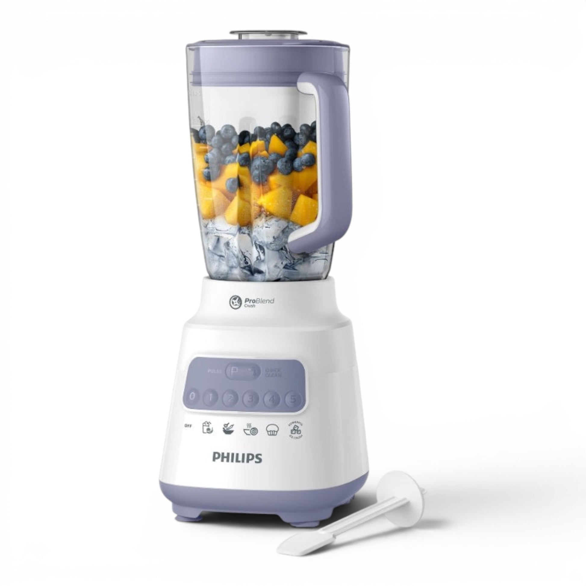 Taghareed Philips 5000 Series white and purple blender with 2L capacity, 700W motor, 5 speeds, and ProBlend Crush technology.