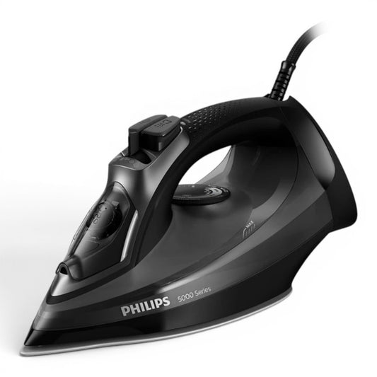 Taghareed Philips 5000 Series black steam iron with SteamGlide Plus soleplate, 2600W, 45g/min continuous steam, 200g steam boost, Drip-Stop, and Calc-Clean.