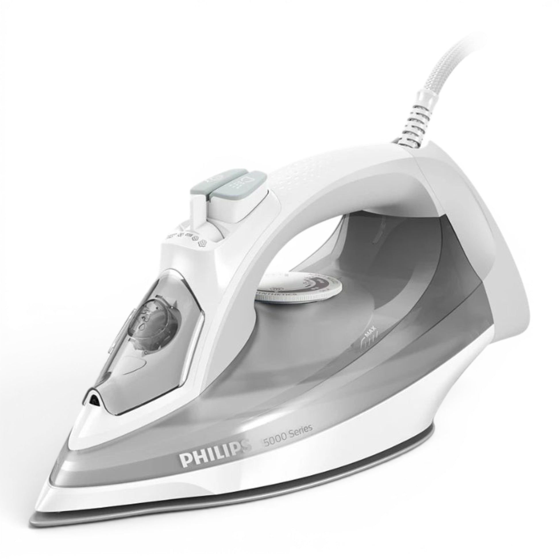 Taghareed Philips 5000 Series steam iron, white and grey, with SteamGlide Plus soleplate and 2400W power.