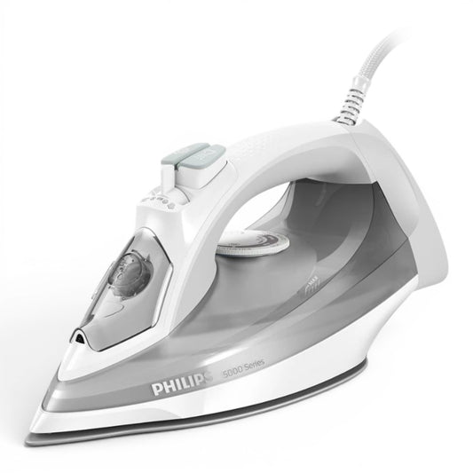 Taghareed Philips 5000 Series steam iron, white and grey, with SteamGlide Plus soleplate and 2400W power.