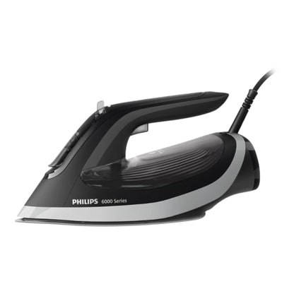 Taghareed Philips 6000 Series DST6120/86 steam iron, black and silver, with 2600W power and SteamGlide Plus soleplate.
