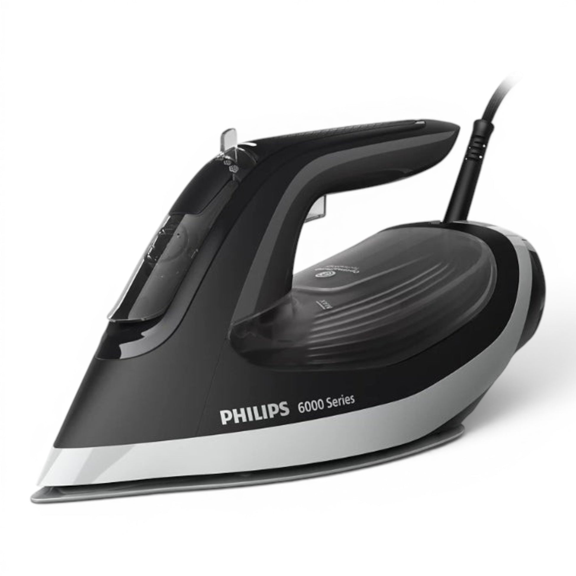 Taghareed Philips 6000 Series DST6120/86 steam iron, black and silver, with 2600W power and SteamGlide Plus soleplate.