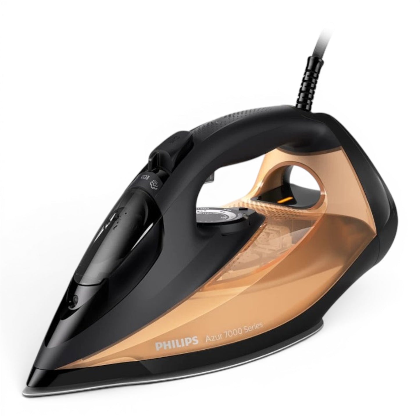Taghareed Philips 7000 Series steam iron in black and gold with SteamGlide Elite soleplate and 300ml water tank.