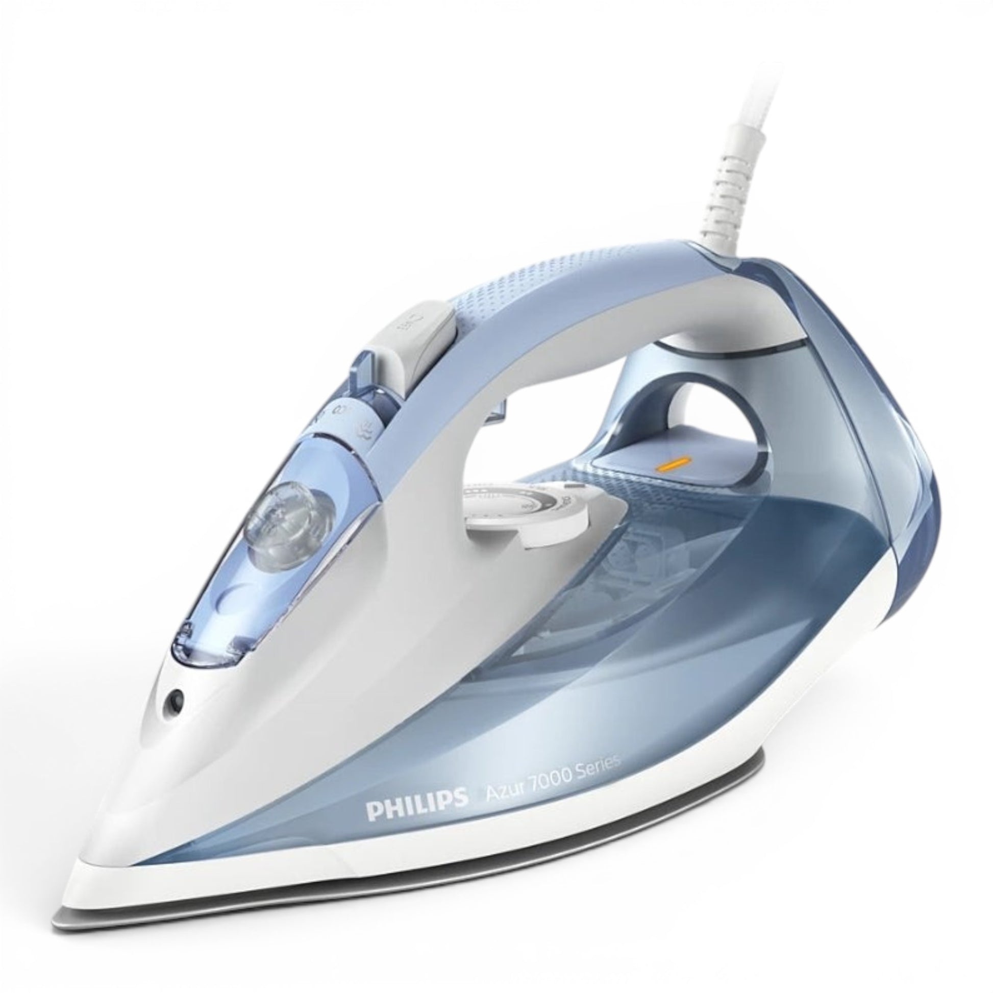 Taghareed Philips 7000 Series steam iron in light blue and grey with a white cord and a transparent water tank.