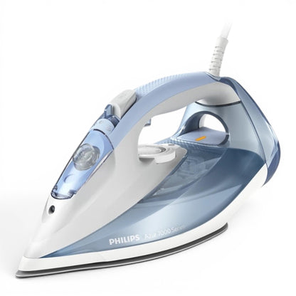 Taghareed Philips 7000 Series steam iron in light blue and grey with a white cord and a transparent water tank.