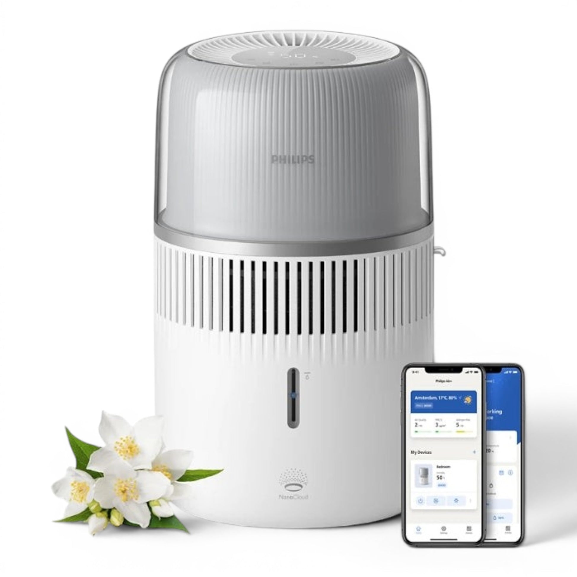 Taghareed Philips Air Humidifier 5000 Series HU5710/00, white, NanoCloud technology, 4.5L tank, 400ml/hr, 56 sqm coverage, app control.
