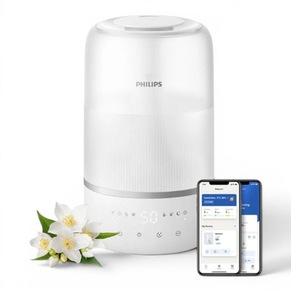 Taghareed Philips 1000 Series HU1509/00 white ultrasonic air humidifier with 3L tank, Sky High Mist, aromatherapy, and sleep mode.