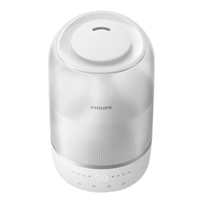 Taghareed Philips white ultrasonic air humidifier with 3L tank, 250ml/hr output, 38 sqm coverage, and aromatherapy.