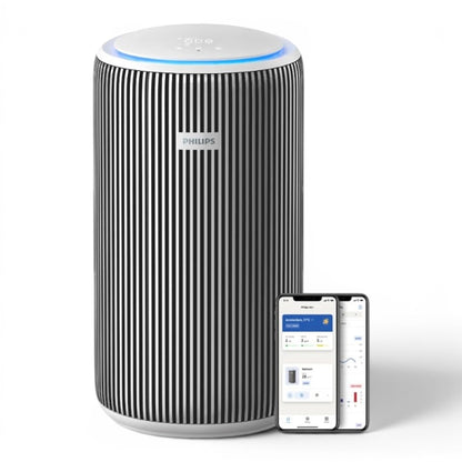 Taghareed Philips PureProtect 3200 Series AC3220/10 air purifier with black and white striped design and blue LED light. Two smartphones show the Philips Air+ app.