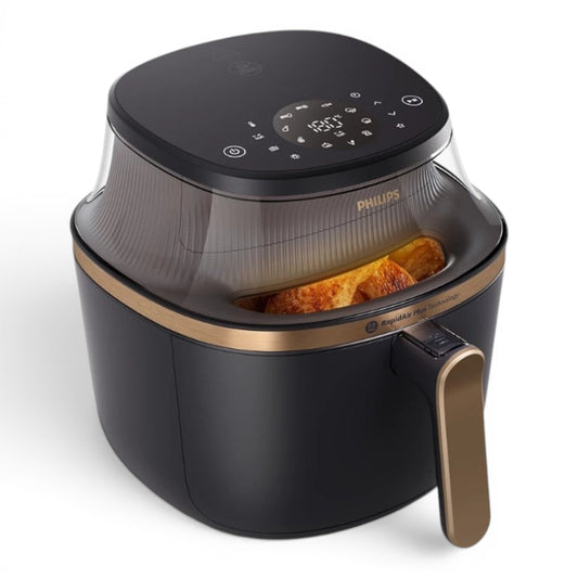 Taghareed Philips Airfryer 3000 Series XL NA332/09 with transparent cooking window and digital display, black and gold.