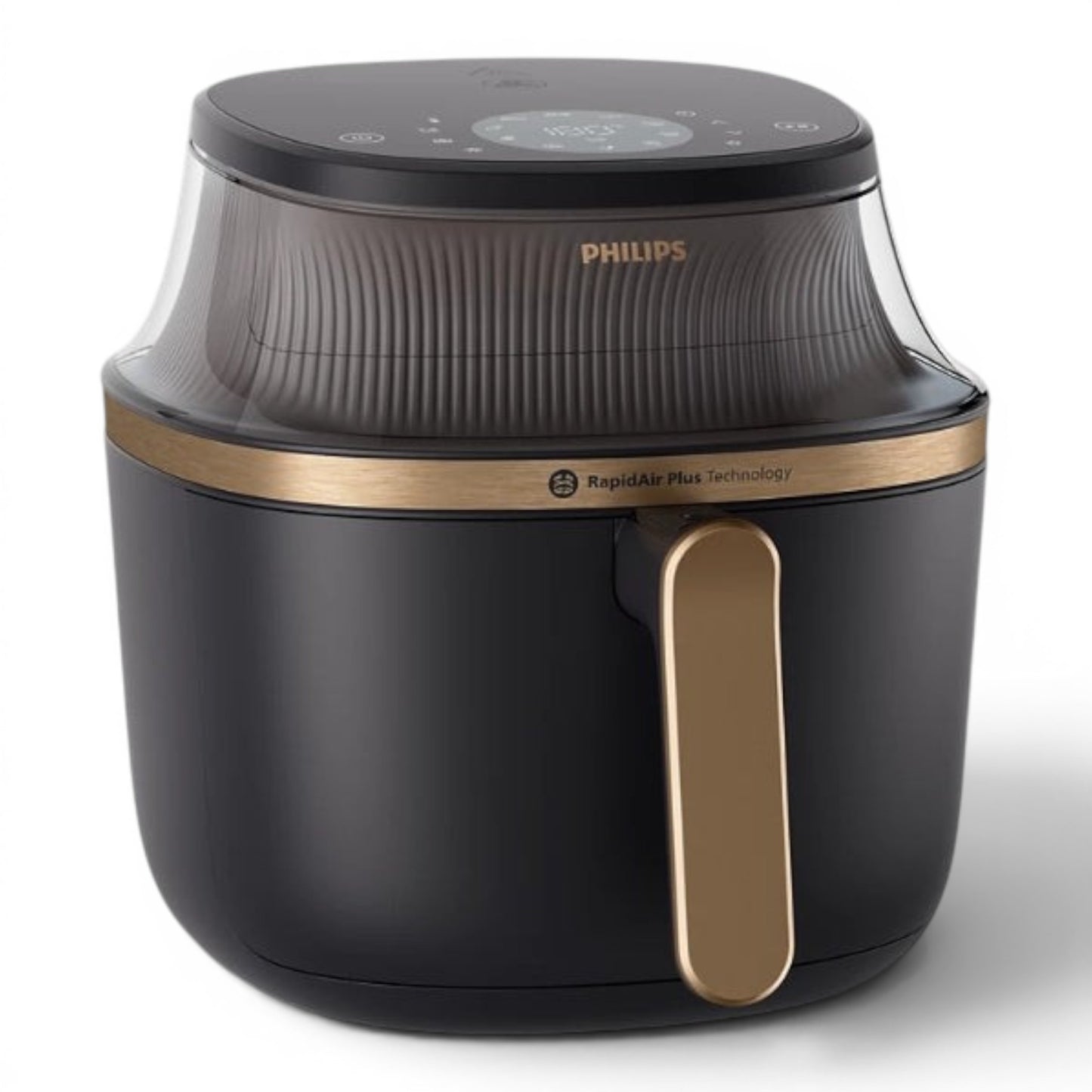 Taghareed Philips Airfryer 3000 Series XL NA342/09, black with gold accents, digital touch screen, and Rapid Air Plus technology.